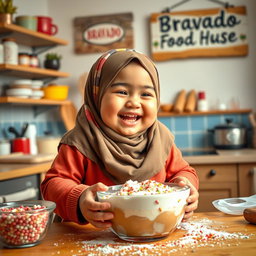 A cheerful chubby girl wearing a colorful hijab, joyfully making a cake in a cozy kitchen