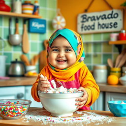 A cheerful chubby girl wearing a colorful hijab, joyfully making a cake in a cozy kitchen