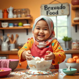 A cheerful chubby girl wearing a colorful hijab, joyfully making a cake in a cozy kitchen