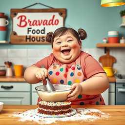 A cheerful fat girl with a bright smile, wearing a colorful apron, joyfully making a cake in a cozy kitchen