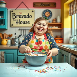 A cheerful fat girl with a bright smile, wearing a colorful apron, joyfully making a cake in a cozy kitchen