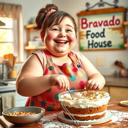 A cheerful fat girl with a bright smile, wearing a colorful apron, joyfully making a cake in a cozy kitchen