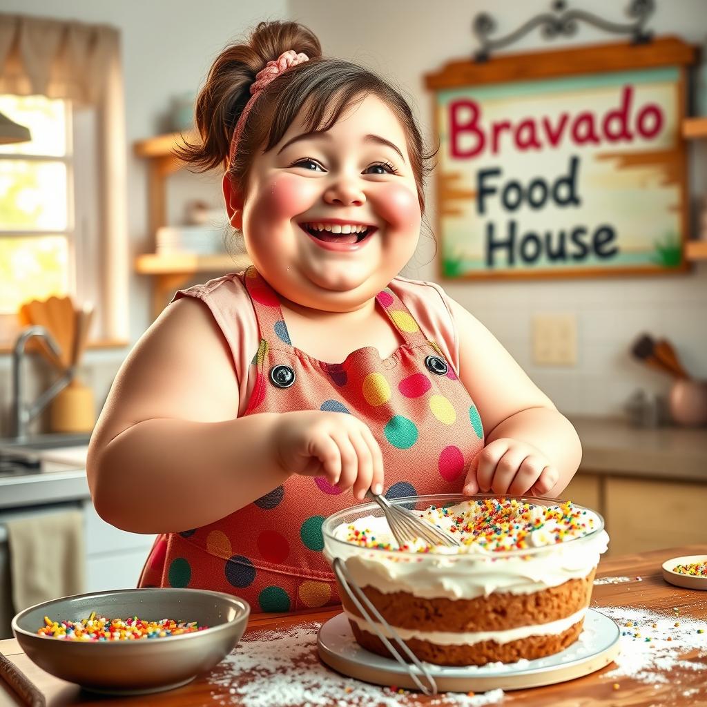 A cheerful fat girl with a bright smile, wearing a colorful apron, joyfully making a cake in a cozy kitchen