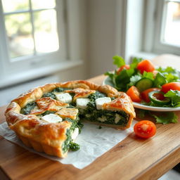 Delicious spinach and feta pie made with whole wheat dough, served on a wooden table