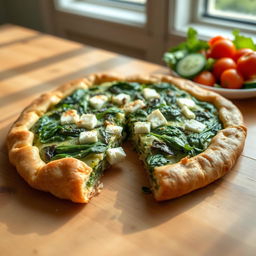 Delicious spinach and feta pie made with whole wheat dough, served on a wooden table