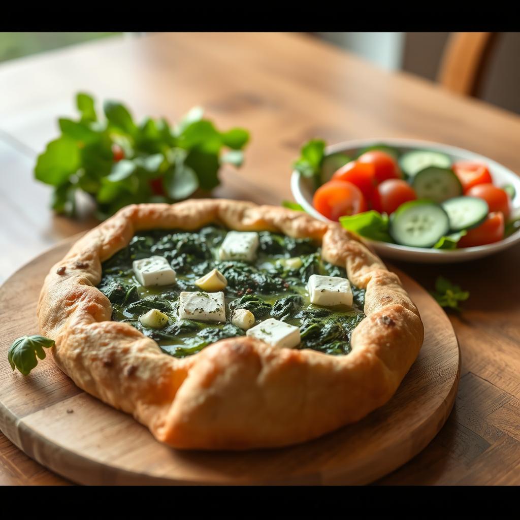 Delicious spinach and feta pie made with whole wheat dough, served on a wooden table