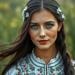 A hyper-realistic portrait of a Slavic woman, showcasing her natural beauty and distinct features