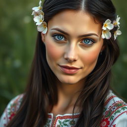 A hyper-realistic portrait of a Slavic woman, showcasing her natural beauty and distinct features