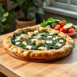Delicious spinach and feta pie made with whole wheat dough, served on a wooden table