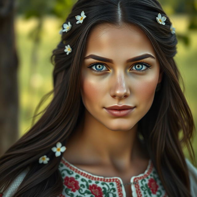 A hyper-realistic portrait of a Slavic woman, showcasing her natural beauty and distinct features