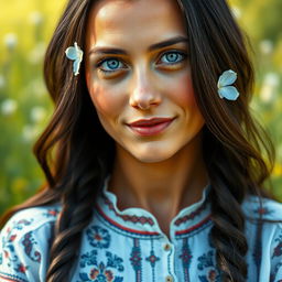 A hyper-realistic portrait of a Slavic woman, showcasing her natural beauty and distinct features