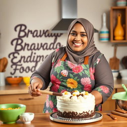 A cheerful, plump hijabi woman wearing a vibrant floral apron, joyfully baking a cake in a cozy kitchen