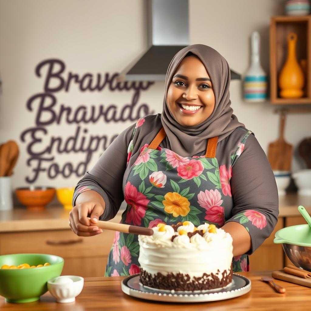 A cheerful, plump hijabi woman wearing a vibrant floral apron, joyfully baking a cake in a cozy kitchen
