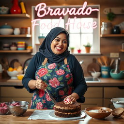 A cheerful, plump hijabi woman wearing a vibrant floral apron, joyfully baking a cake in a cozy kitchen