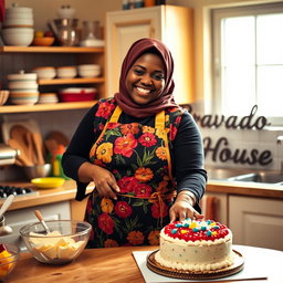 A cheerful, plump hijabi woman wearing a vibrant floral apron, joyfully baking a cake in a cozy kitchen