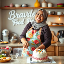 A cheerful, plump hijabi woman wearing a vibrant floral apron, joyfully baking a cake in a cozy kitchen