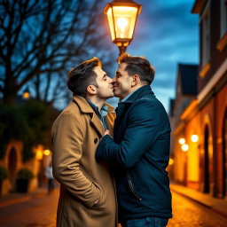 A romantic scene depicting two handsome men sharing a tender kiss under a softly lit streetlamp at dusk
