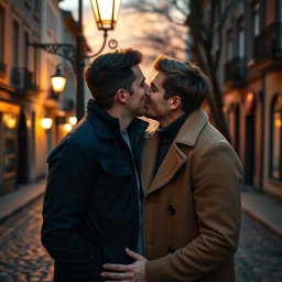 A romantic scene depicting two handsome men sharing a tender kiss under a softly lit streetlamp at dusk