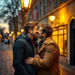A romantic scene depicting two handsome men sharing a tender kiss under a softly lit streetlamp at dusk