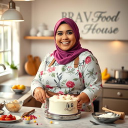 A beautiful, plump hijabi woman with a joyful expression, wearing a stylish floral apron while making a cake in a bright and inviting kitchen