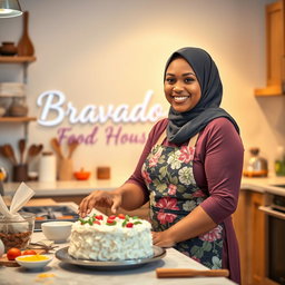 A beautiful, plump hijabi woman with a joyful expression, wearing a stylish floral apron while making a cake in a bright and inviting kitchen