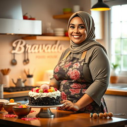 A beautiful, plump hijabi woman with a joyful expression, wearing a stylish floral apron while making a cake in a bright and inviting kitchen