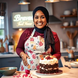 A beautiful, plump hijabi woman with a joyful expression, wearing a stylish floral apron while making a cake in a bright and inviting kitchen