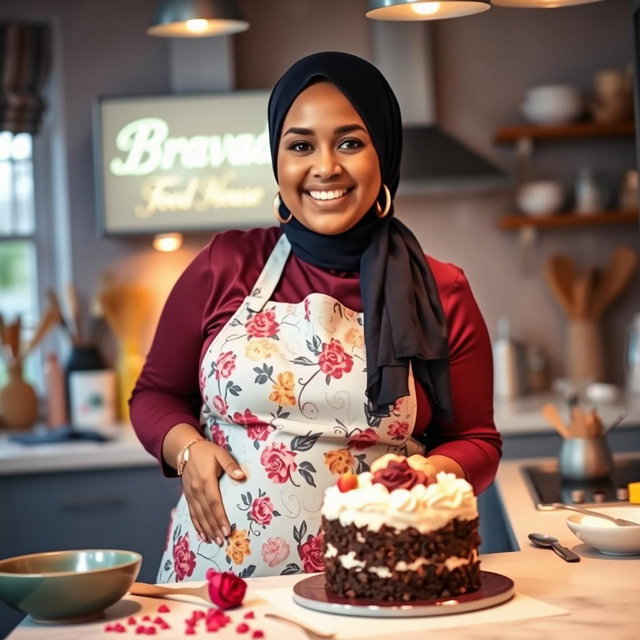 A beautiful, plump hijabi woman with a joyful expression, wearing a stylish floral apron while making a cake in a bright and inviting kitchen
