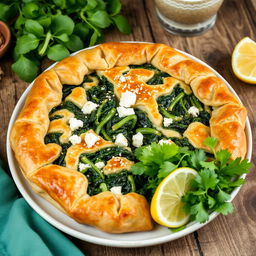 A beautifully arranged dish of Spinach and Cheese Pie (Spanakopita) made with whole wheat pastry dough