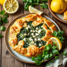 A beautifully arranged dish of Spinach and Cheese Pie (Spanakopita) made with whole wheat pastry dough