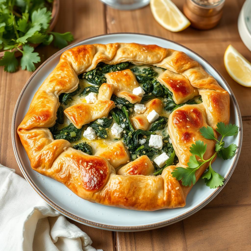 A beautifully arranged dish of Spinach and Cheese Pie (Spanakopita) made with whole wheat pastry dough
