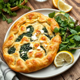 A beautifully arranged dish of Spinach and Cheese Pie (Spanakopita) made with whole wheat pastry dough