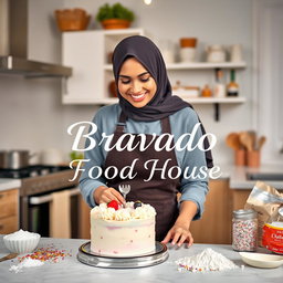 A beautiful hijabi woman in a stylish apron, joyfully making a cake in a bright and inviting kitchen