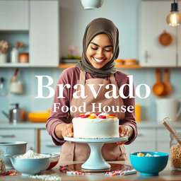 A beautiful hijabi woman in a stylish apron, joyfully making a cake in a bright and inviting kitchen