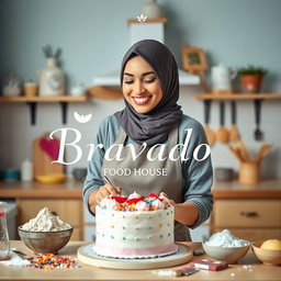 A beautiful hijabi woman in a stylish apron, joyfully making a cake in a bright and inviting kitchen