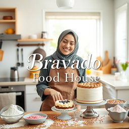 A beautiful hijabi woman in a stylish apron, joyfully making a cake in a bright and inviting kitchen