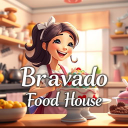 An animated scene featuring a beautiful girl joyfully making a cake in a charming kitchen