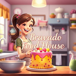 An animated scene featuring a beautiful girl joyfully making a cake in a charming kitchen