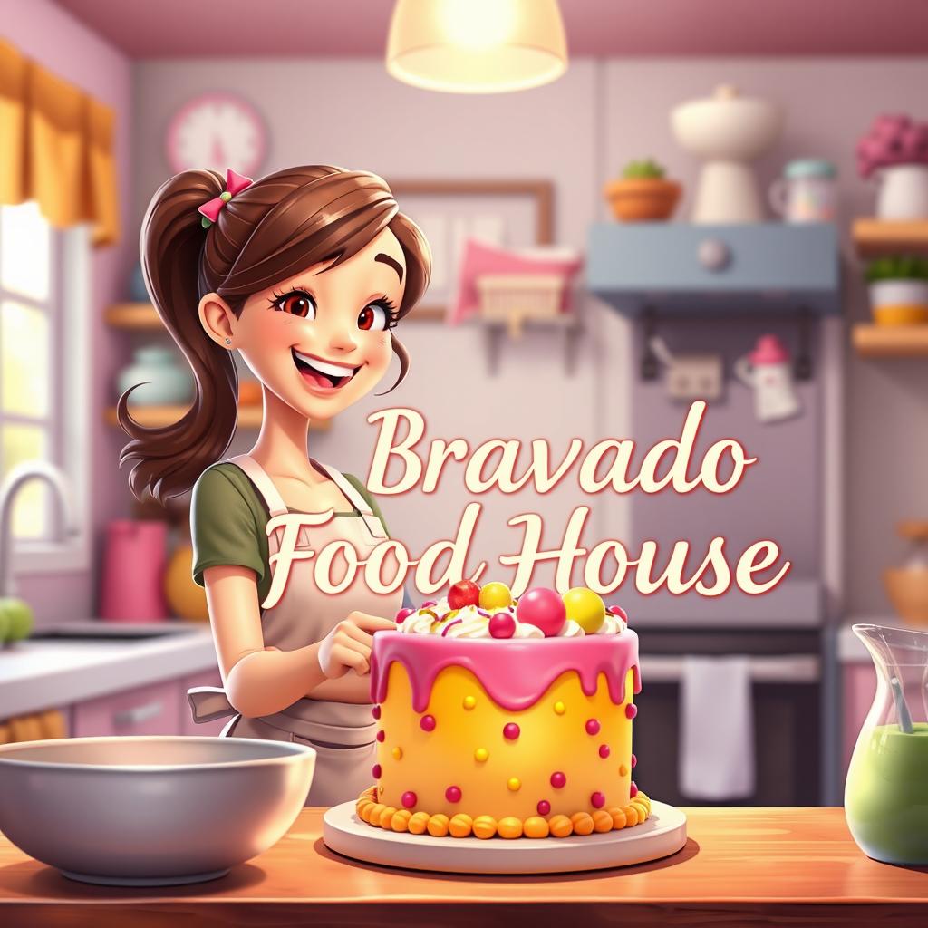 An animated scene featuring a beautiful girl joyfully making a cake in a charming kitchen