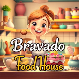 An animated scene featuring a beautiful girl joyfully making a cake in a charming kitchen