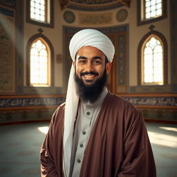 A serene and dignified portrait of an Imam, dressed in traditional Islamic attire, including a long robe and a turban, standing in a peaceful mosque setting, surrounded by intricate Islamic calligraphy and beautiful mosaic tile work