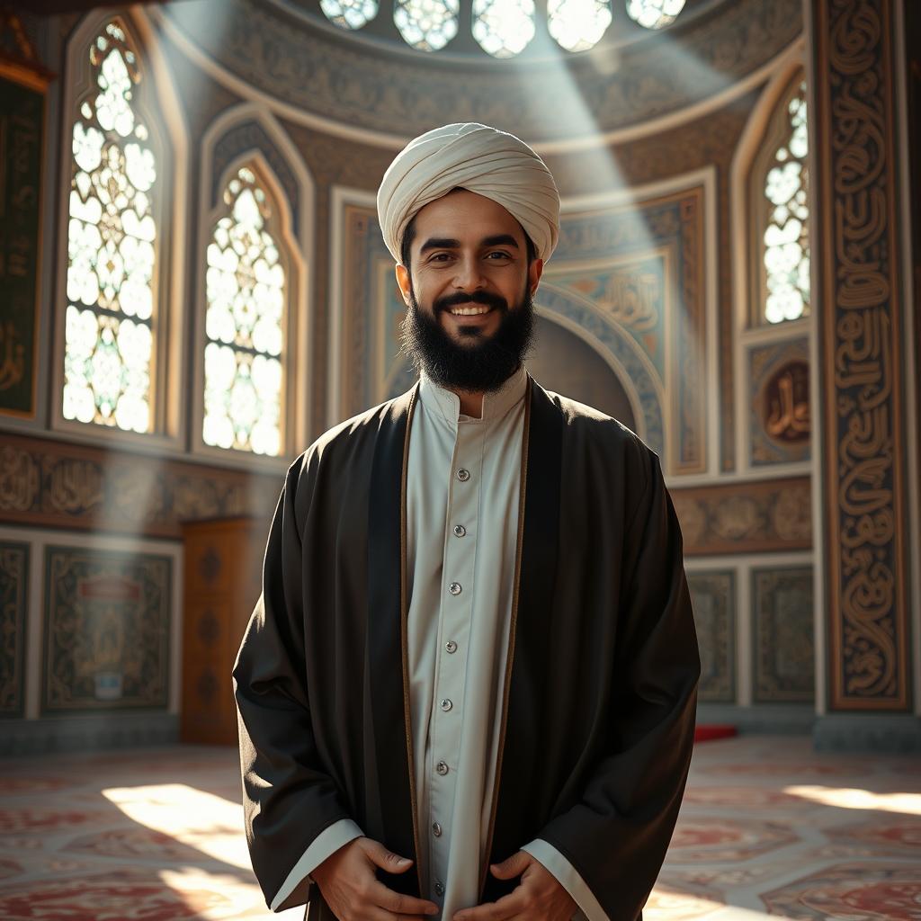 A serene and dignified portrait of an Imam, dressed in traditional Islamic attire, including a long robe and a turban, standing in a peaceful mosque setting, surrounded by intricate Islamic calligraphy and beautiful mosaic tile work