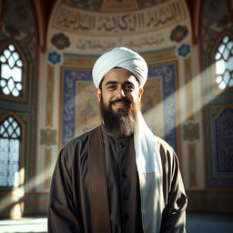 A serene and dignified portrait of an Imam, dressed in traditional Islamic attire, including a long robe and a turban, standing in a peaceful mosque setting, surrounded by intricate Islamic calligraphy and beautiful mosaic tile work