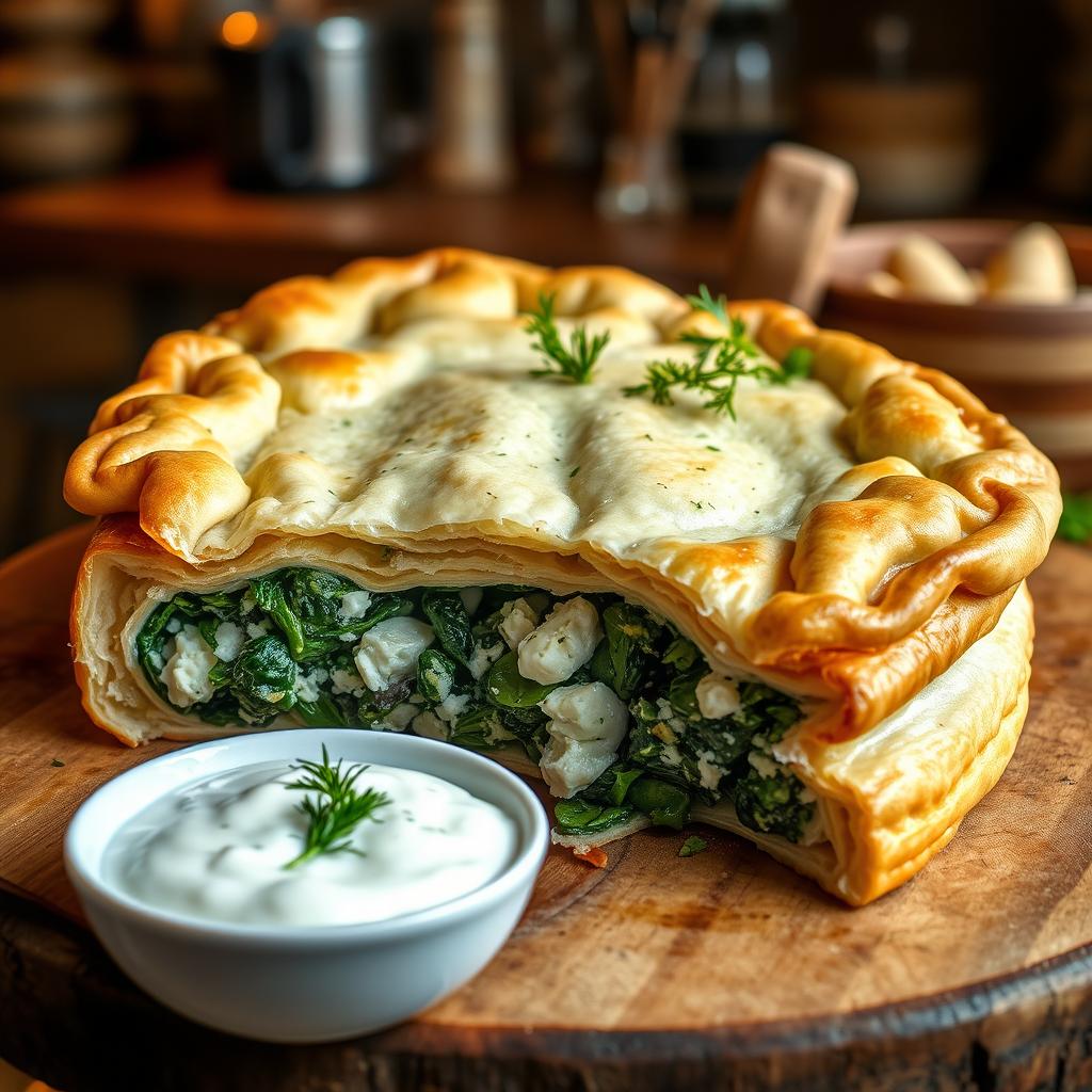 Delicious Spanakopita made with whole wheat dough, featuring layers of flaky pastry filled with a savory mixture of fresh spinach, crumbled feta cheese, and aromatic herbs