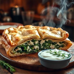 Delicious Spanakopita made with whole wheat dough, featuring layers of flaky pastry filled with a savory mixture of fresh spinach, crumbled feta cheese, and aromatic herbs