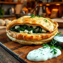 Delicious Spanakopita made with whole wheat dough, featuring layers of flaky pastry filled with a savory mixture of fresh spinach, crumbled feta cheese, and aromatic herbs