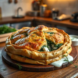 Delicious Spanakopita made with whole wheat dough, featuring layers of flaky pastry filled with a savory mixture of fresh spinach, crumbled feta cheese, and aromatic herbs