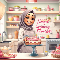 An animated scene featuring a beautiful hijabi girl joyfully making a cake in a lovely, bright kitchen