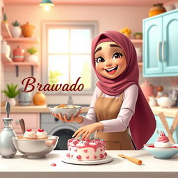 An animated scene featuring a beautiful hijabi girl joyfully making a cake in a lovely, bright kitchen