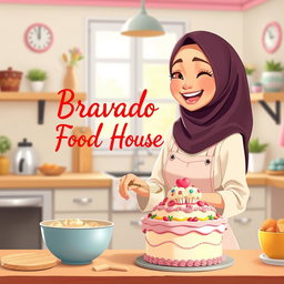 An animated scene featuring a beautiful hijabi girl joyfully making a cake in a lovely, bright kitchen